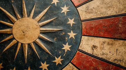 Fototapeta premium Historic emblem featuring sun and stars on a weathered surface representing heritage