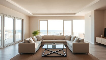 Fototapeta premium A spacious living room with large windows overlooking the ocean, featuring a comfortable sectional sofa and a glass coffee table.