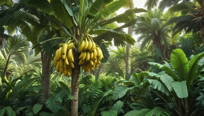 Fototapeta premium A single banana tree growing in a lush green garden with multiple bananas hanging from its branches , leafy, green