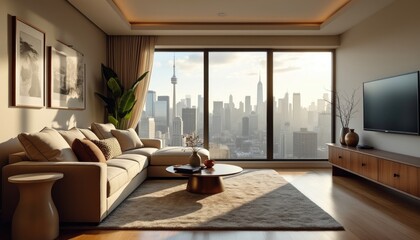 A modern living room with a large window offering a view of a city skyline, featuring a flat-screen TV, a wooden entertainment center, and a plush sofa.