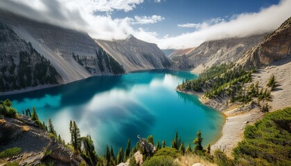 Lush greenery frames the lake, enhancing its natural beauty.  
