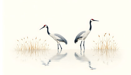 Fototapeta premium Two cranes wading gracefully in shallow water with reflections and tall grass