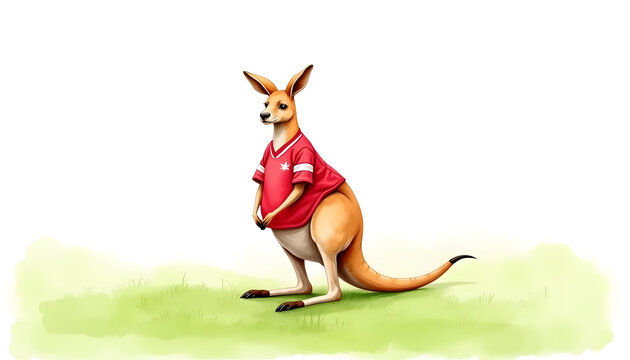 Playful kangaroo wearing a red jersey and standing confidently on green grass