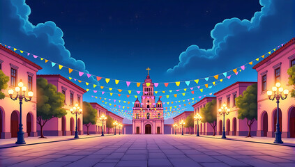 Fototapeta premium A stylized illustration of Zócalo Plaza with colorful string lights and flags, featuring a festive ambiance under a starry night sky