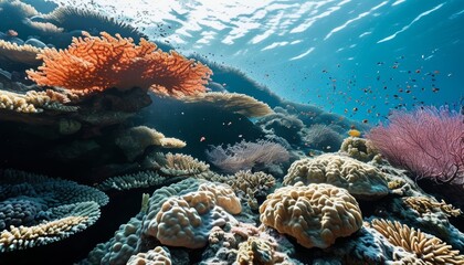 Vibrant Coral Reef Under Clear Topaz Water with Lush Marine Life and Colorful Coral Structures