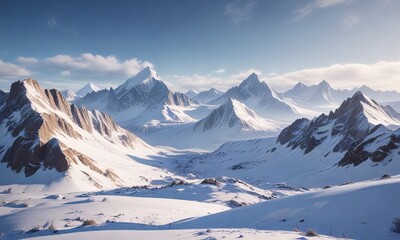Naklejka premium Snowy mountain range with a vast expanse of untouched white, serene solitude, peaceful nature, frozen landscape