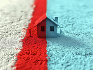Conceptual image of a red boundary line splitting a neighborhood with houses, symbolizing division, boundaries, or zoning. Creative and visually striking imagery.