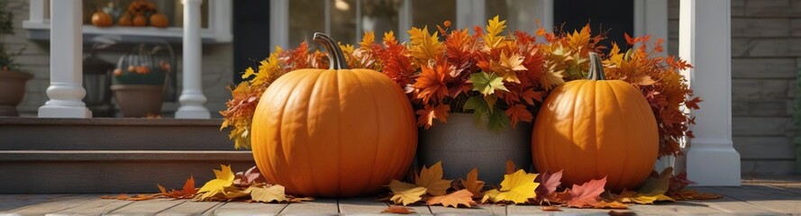 Big pumpkin and fall leaves are arranged in a vase on the porch, pumpkin arrangement, cozy porch lighting