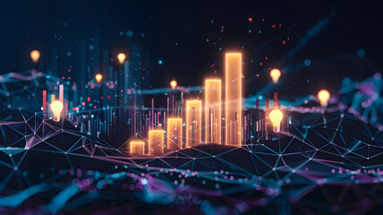 Fototapeta premium Futuristic 3D landscape with glowing bar chart and data points, representing technology and analytics.