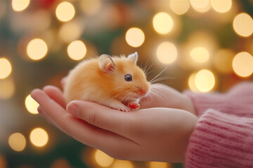 A tiny hamster sitting in a human hand with a warm festive bokeh background, creating a cozy and gentle atmosphere. The image is ideal for pet lovers.