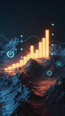 Futuristic 3D landscape with glowing bar chart and data points, representing technology and analytics.