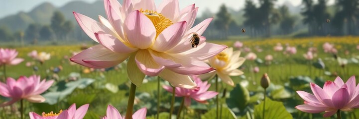Bees gathered around a lotus flower in a sunny meadow , bee gathering, sunlight