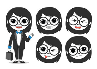 flat illustration vector and various facial expressions. Office girl character