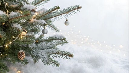 A close-up of a decorated Christmas tree with snow-dusted branches. The tree is adorned with delicate ornaments and warm white fairy lights