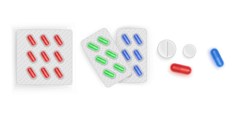 Pharmaceutical pills, medicine bottles and pills in blister packs. Pharmacy treatment vector format