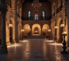 Obraz premium An illuminated castle courtyard with candelabras on stone tables and a grand staircase curving up to the central pavilion, atmosphere, deserted, mystique