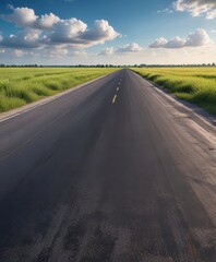 Fototapeta premium Asphalt road stretches through a summer field under a blue cloudy sky , country roads, rural scenery