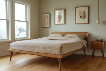 A modern minimalist interior design of a residential living room with walls and beds with art frames. Generative AI
