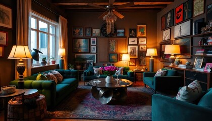 A cozy and eclectic living room with a mix of modern and vintage decor elements, including a large window, a chandelier, and an array of framed artwork on the walls.