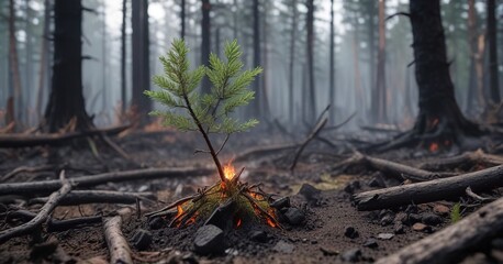Obraz premium Pine sapling growing through charred undergrowth, survival mechanism, new sprout