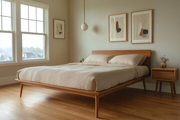 A modern minimalist interior design of a residential living room with walls and beds with art frames. Generative AI
