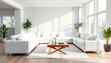 Fototapeta premium A bright and spacious living room with white sofas, a wooden coffee table, and large windows that let in natural light.