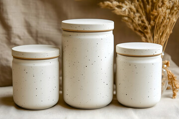 Three speckled white ceramic canisters with lids on a linen background.