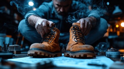 This image captures the intricate process of lacing up rugged leather work boots, symbolizing craftsmanship and the hardworking spirit of individuals in their daily lives.