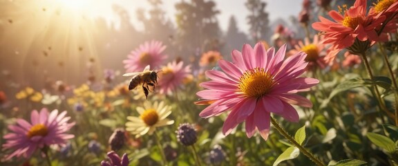 Honey bee visits colorful flower in warm sunlight , greenery, insects