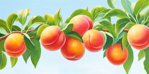 A branch laden with ripe peaches against a bright blue sky, embodying freshness, growth, and the bounty of nature. Ideal for agricultural or organic themes.