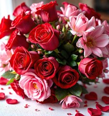 Naklejka premium Valentine's Day bouquet with red roses and pink flowers, flower arrangement, heart shaped vases, fresh cut flowers