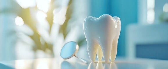 A large, glossy tooth model beside a dental mirror, symbolizing oral health and dentistry.