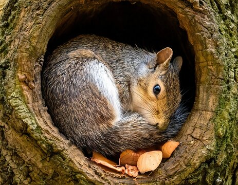 a squirrel curled up sleeping inside a tree hollow surrounded by fallen leaves and nuts in a peaceful woodland setting
