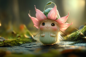 Whimsical Forest Creatures Wearing Flower and Leaf Hats in an Enchanting Fantasy Woodland Setting
