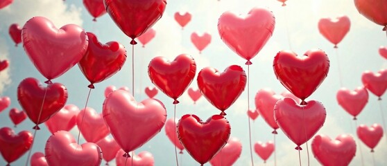 Fototapeta premium Vintage red and pink heart-shaped balloons floating in the air, Valentine's Day decorations, whimsical, carefree