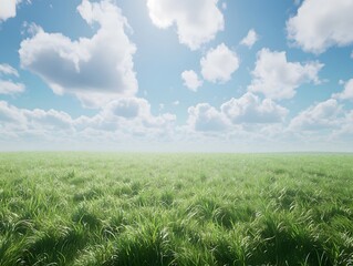 A serene landscape featuring lush green grass under a bright blue sky with fluffy clouds.