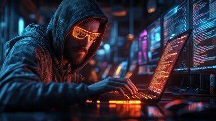 Obraz premium Focused individual coding in a high-tech environment