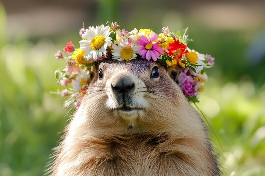 A close-up portrait of a cute groundhog wearing a floral crown made of colorful spring flowers like daisies, tulips, and wildflowers. The groundhog's fluffy face looks calm and content, with its ears 