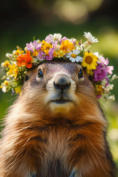A close-up portrait of a cute groundhog wearing a floral crown made of colorful spring flowers like daisies, tulips, and wildflowers. The groundhog's fluffy face looks calm and content, with its ears 