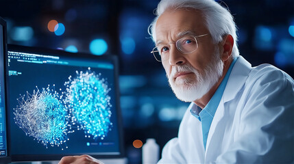 An elderly scientist observing a digital holographic interface displaying molecular biology research with futuristic graphics.