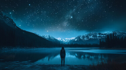 Fototapeta premium Nighttime view of a person observing the starry sky over a tranquil lake in the mountains
