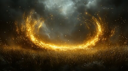 Obraz premium Golden Sparks Arc Over Wheat Field At Night