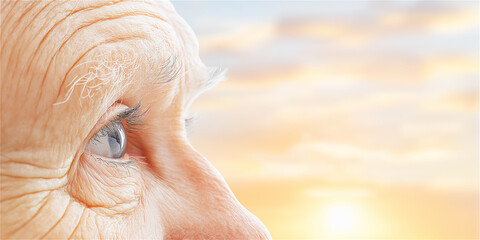 A close-up of an aged person's eye reflecting wisdom and experience, with soft golden sunset tones in the background.