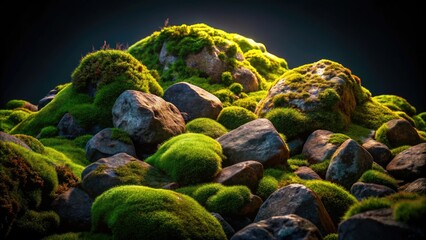 Obraz premium Deep shadows shroud moss-covered rocks, a stark, isolated nocturnal landscape.