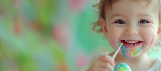 A close-up portrait of a happy child with a big smile, carefully painting an Easter egg with a small paintbrush. The child's face is filled with joy and excitement.  