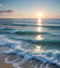 A serene ocean scene with gentle blue waters and soft white waves in the distance, peaceful atmosphere, water, horizon