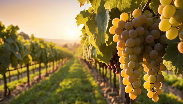 Grapes ripening in a vineyard, bathed in the warm hues of a sunset, creating a picturesque and serene landscape.