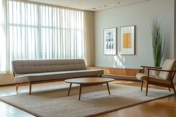 Fototapeta premium Minimalist, mid century modern interior design in the living room of a house with windows visible and sofas and wood tables. Generative AI 