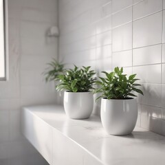 Fototapeta premium Bathroom fixture on white tile wall with a small plant in front lit by gentle morning light, kitchen sink, faucet, porcelain sink