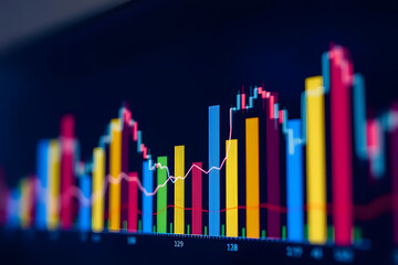 Colorful financial chart with candlestick patterns and line graph on a dark background.